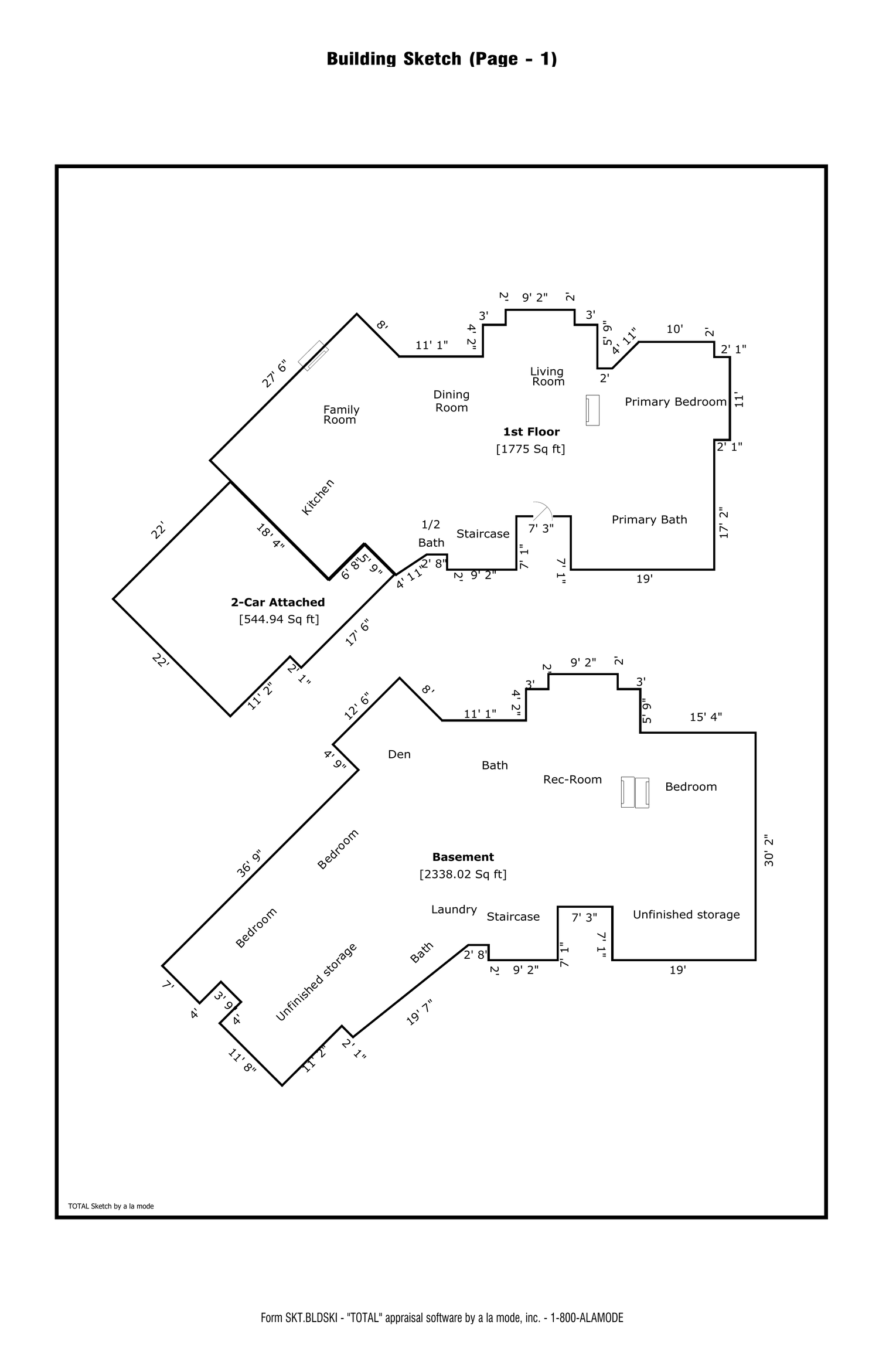 Dimensioned building sketch of 11257 NE 37th Pl — main floor and lower level with room labels and wall dimensions